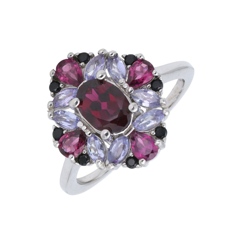 Серебряное кольцо с турмалином и танзанитами