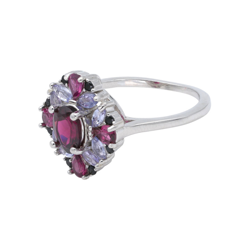 Серебряное кольцо с турмалином и танзанитами