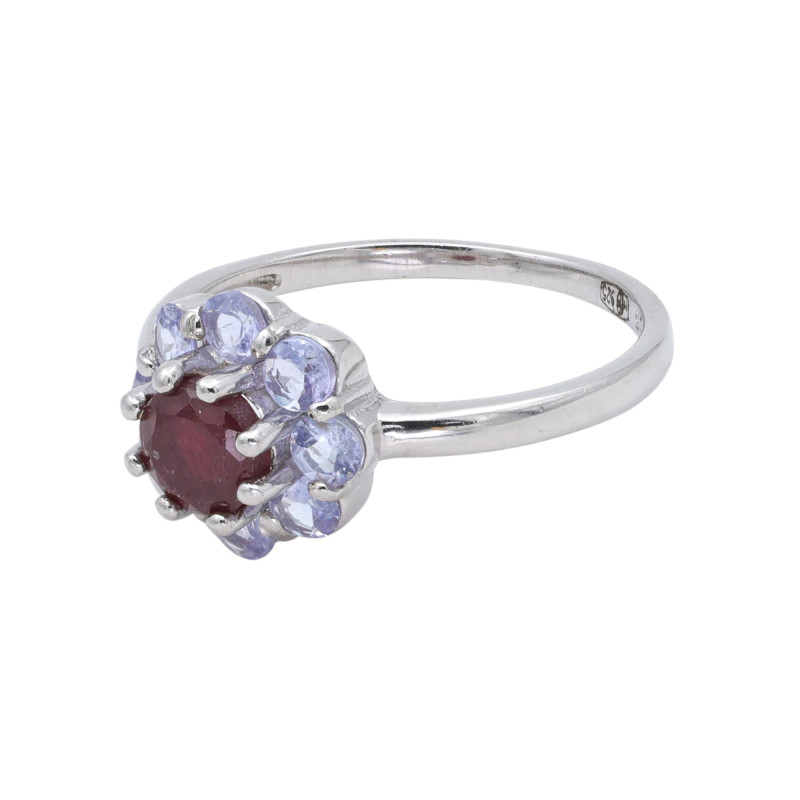 Серебряное кольцо с рубином и танзанитами