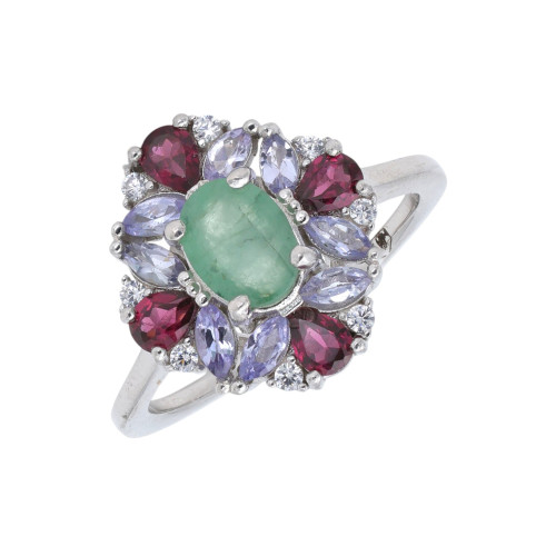 Кольцо серебряное с изумрудом и танзанитами