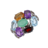 Серебряное кольцо с изумрудом, топазом и аметистом