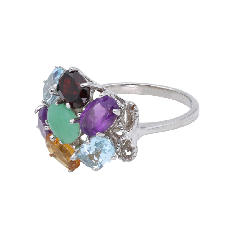 Серебряное кольцо с изумрудом, топазом и аметистом