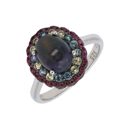 Кольцо из серебра с опалом, рубинами и сапфирами