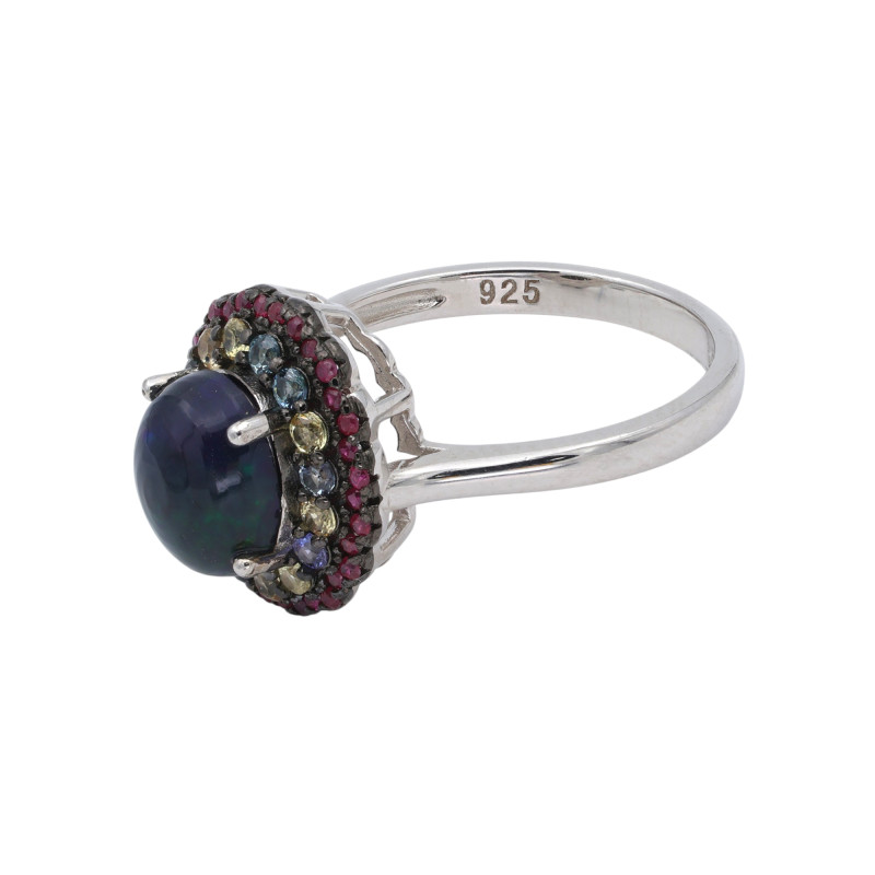 Кольцо из серебра с опалом, рубинами и сапфирами