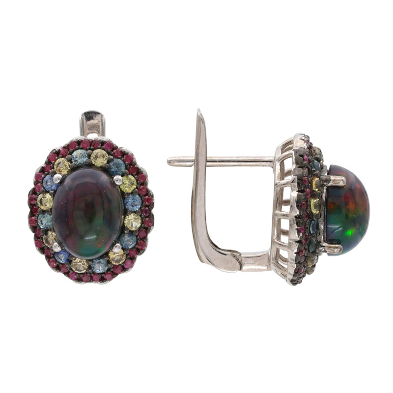 Серебряные серьги с опалом, сапфиром и рубином