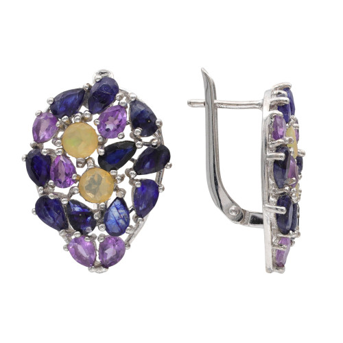 Серьги из серебра с опалом, сапфиром и аметистом