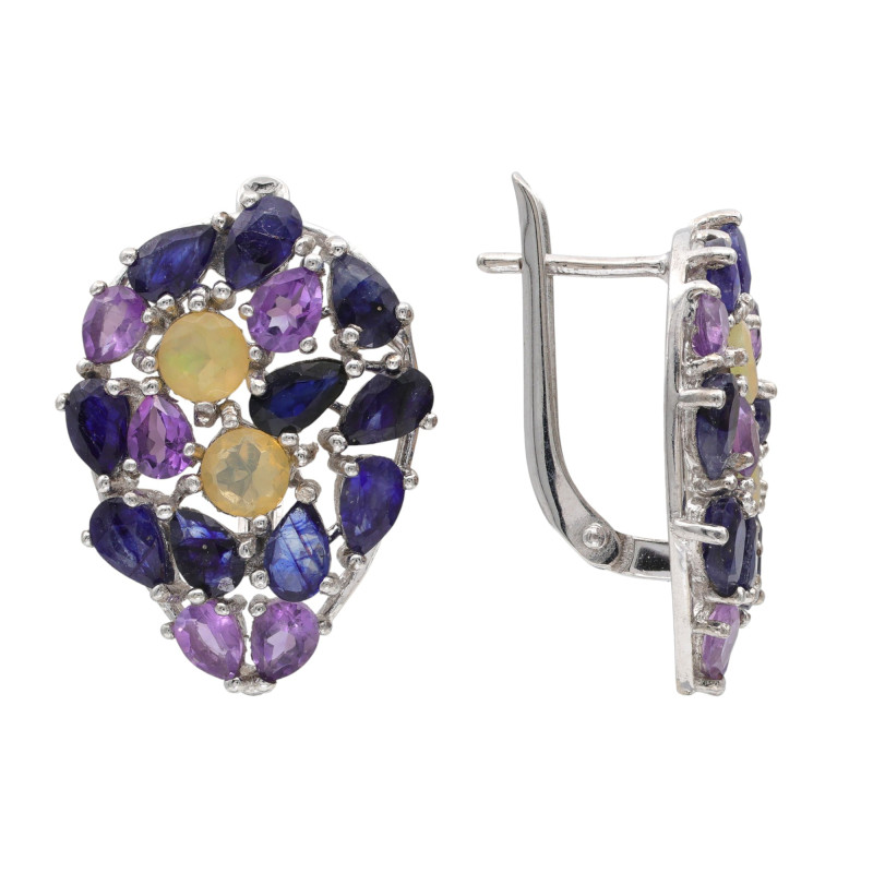 Серьги из серебра с опалом, сапфиром и аметистом