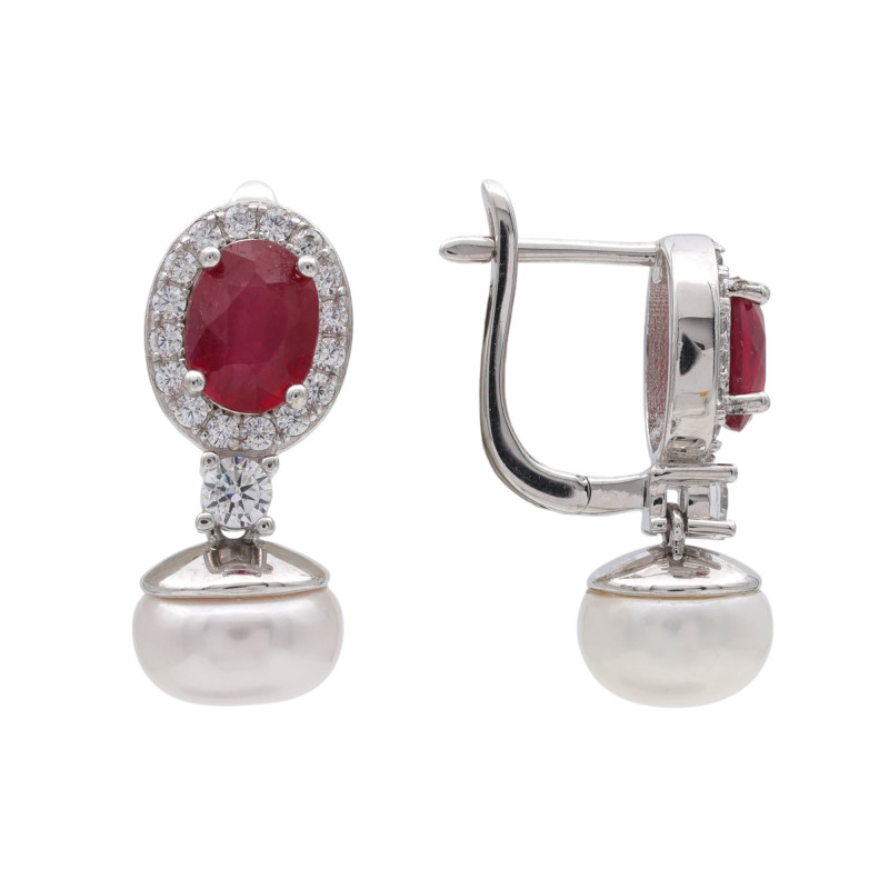 Серебряные серьги с рубином и жемчугом