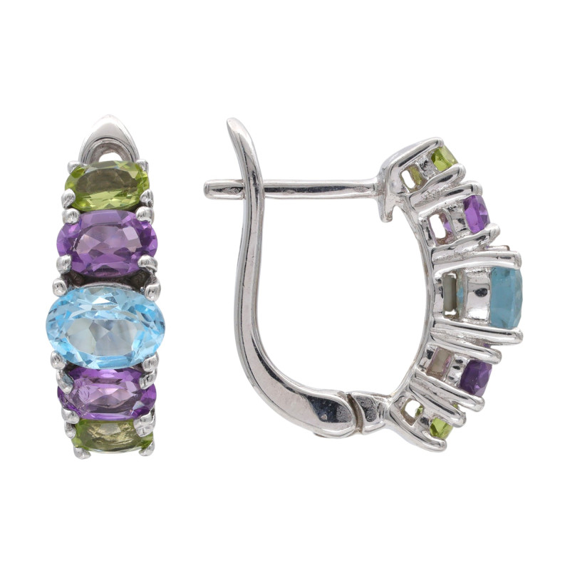 Серьги серебряные с топазом, аметистои и хризолитом
