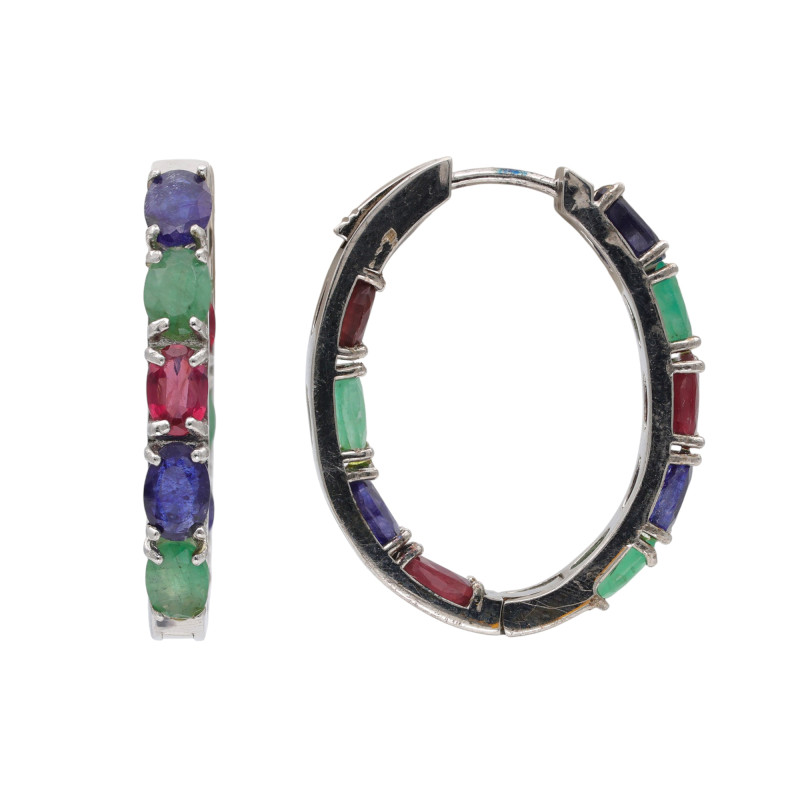 Серьги серебряные с изумрудом, сапфиром и рубином