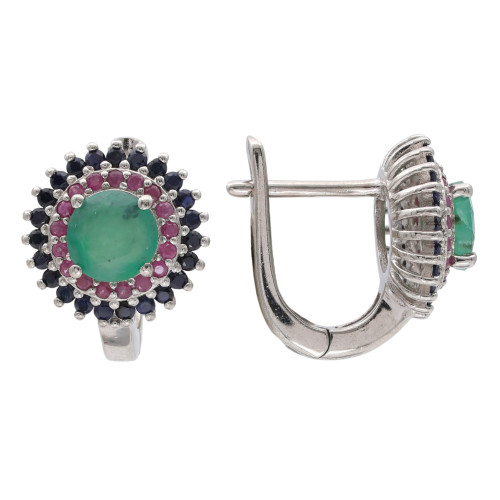 Серебряные серьги с изумрудом, сапфиром и рубином