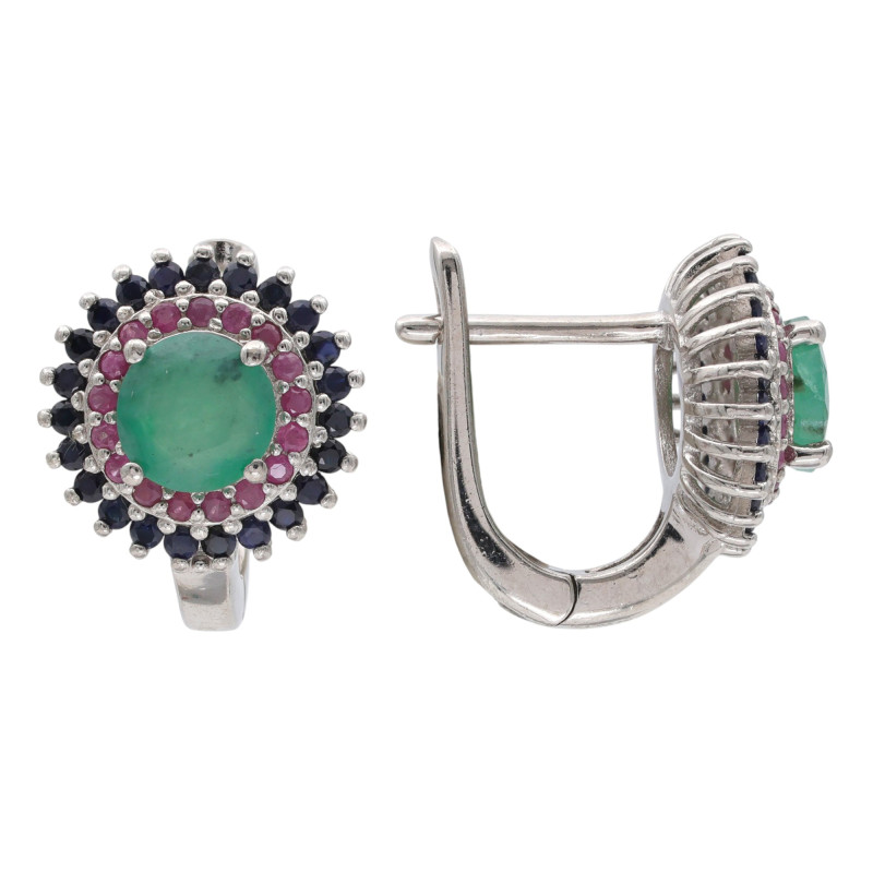 Серебряные серьги с изумрудом, сапфиром и рубином