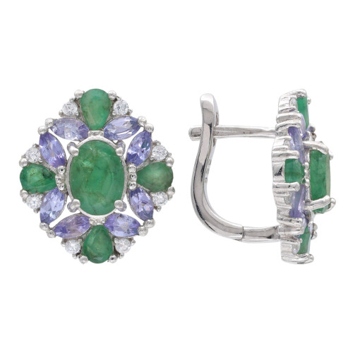 Серьги из серебра с изумрудом и танзанитом