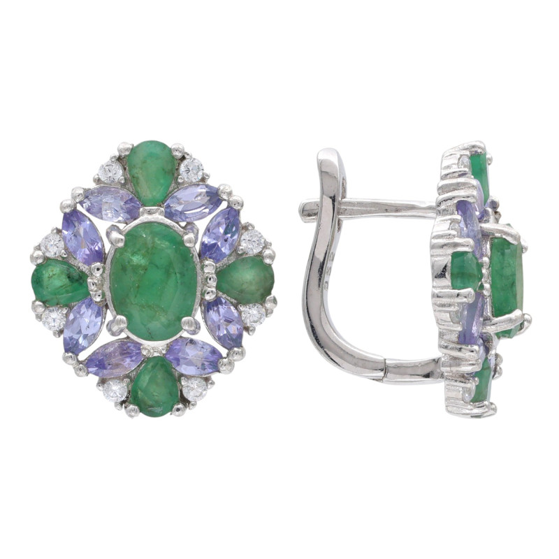 Серьги из серебра с изумрудом и танзанитом