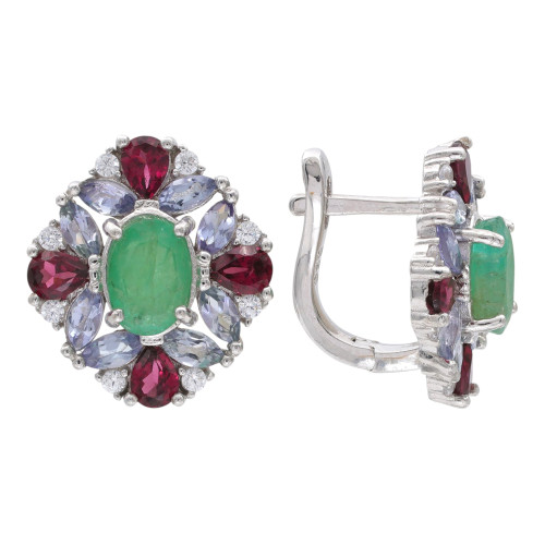 Серебряные серьги с изумрудом и турмалинами