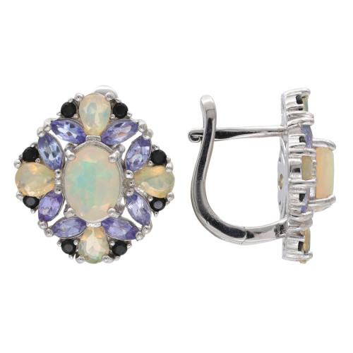Серебряные серьги с опалом, шпинелью и танзанитами