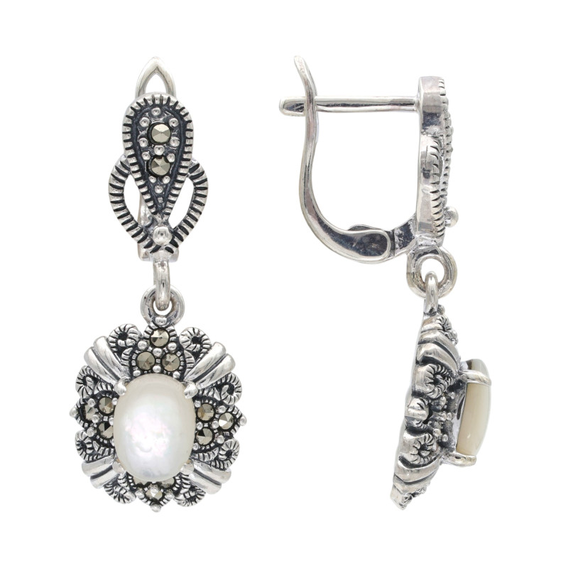 Серьги серебряные с перламутром и марказитом