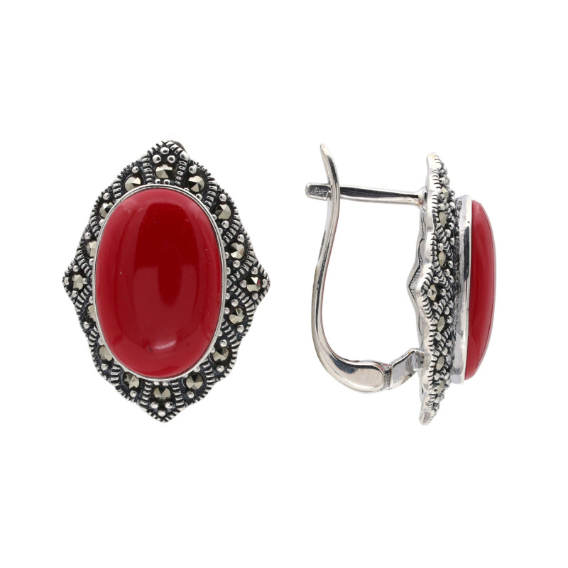 Серебряные серьги с кораллом и марказитом