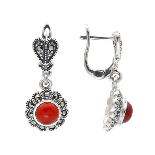 Серебряные серьги с сердоликом и марказитами