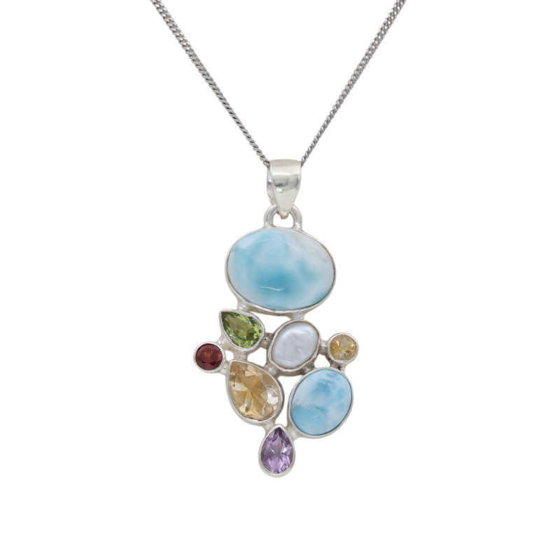 Подвеска серебряная с аквамарином, аметистом и цитринами