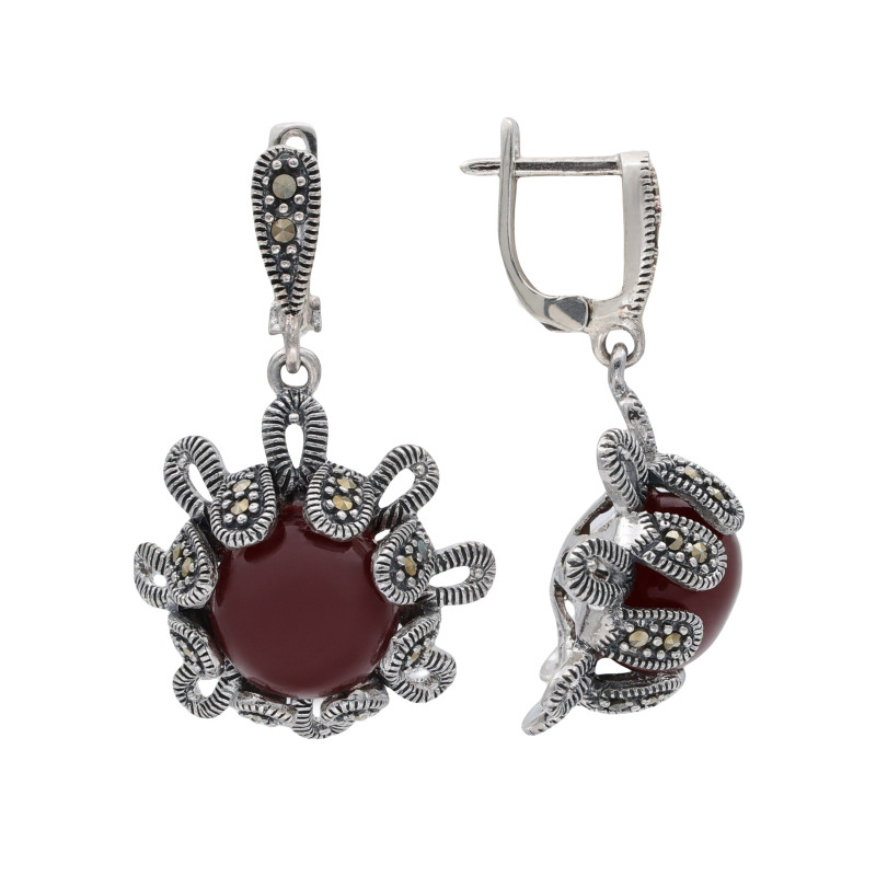 Серьги из серебра с сердоликом и марказитами