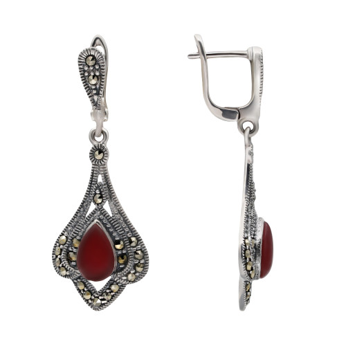 Серьги серебряные с марказитом и сердоликом