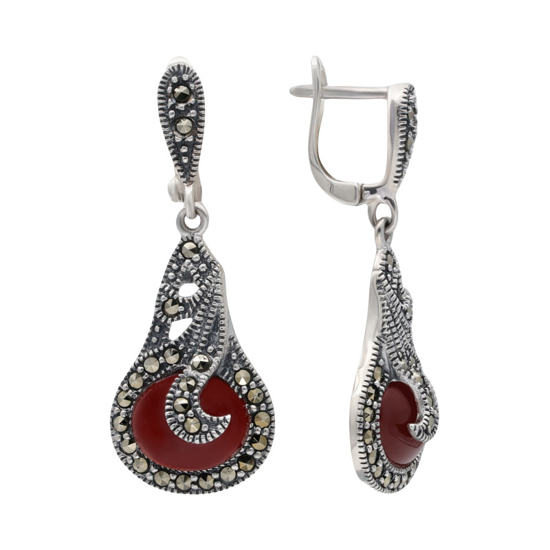 Серьги серебряные с сердоликом и марказитами