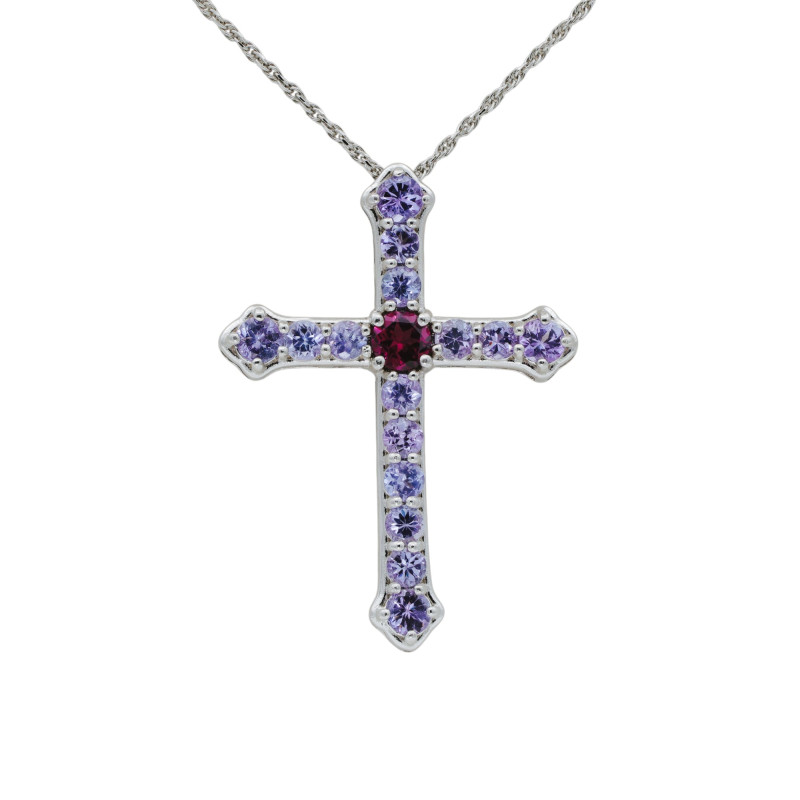 Подвеска-крест с родолитом и танзанитами