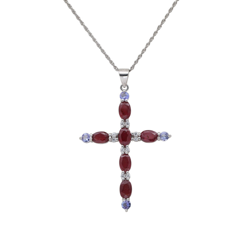 Подвеска-крест с натуральными рубинами и танзанитами