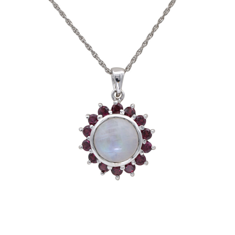 Подвеска серебряная с лучнным камнем и родолитами