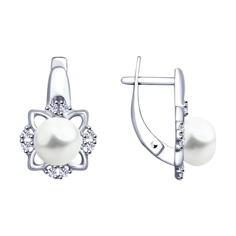 Серебряные серьги с жемчугом и фианитами