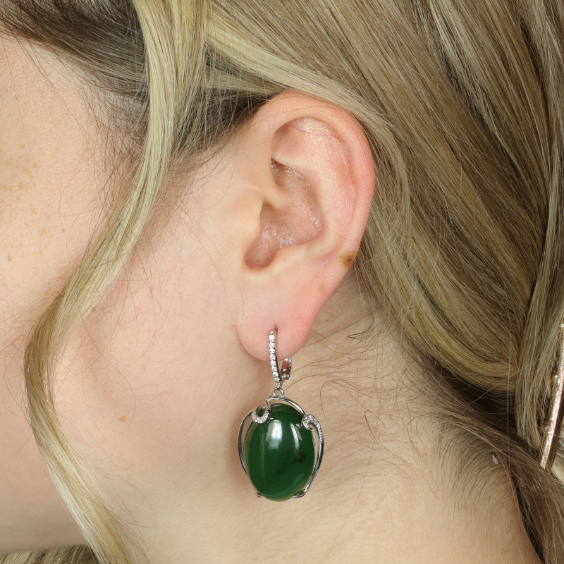 Серебряные серьги с натуральным нефритом и фианитами