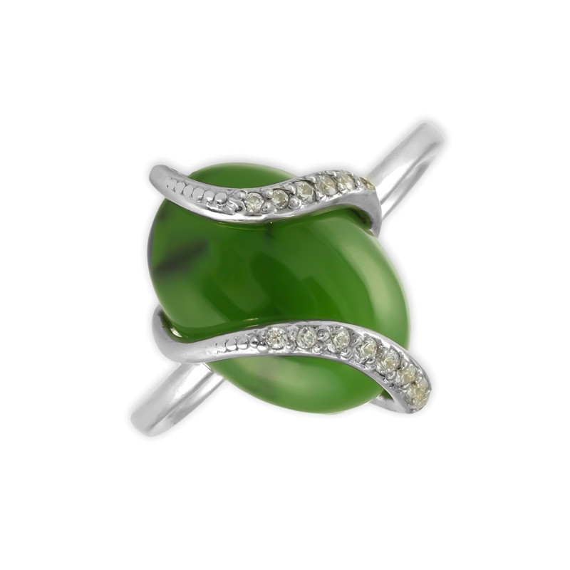 Серебряное кольцо с нефритом и фианитами