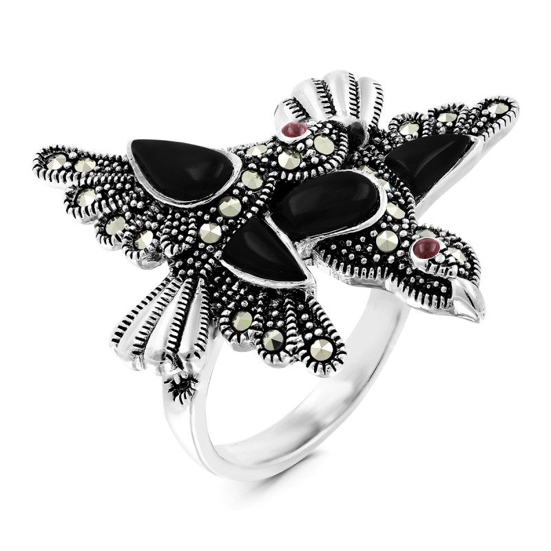 Кольцо серебряное с ониксом и марказитом