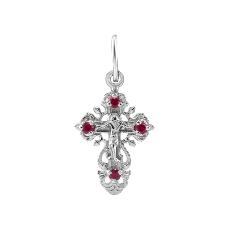 Крестик серебряный с натуральными рубинами
