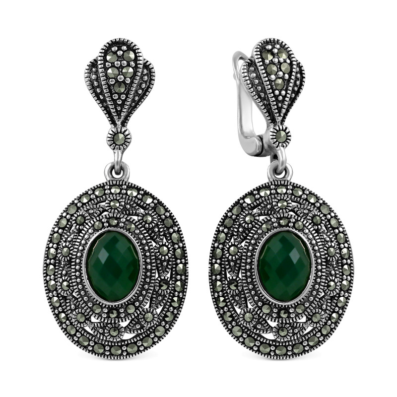 Серьги с зелёным агатом и марказитом