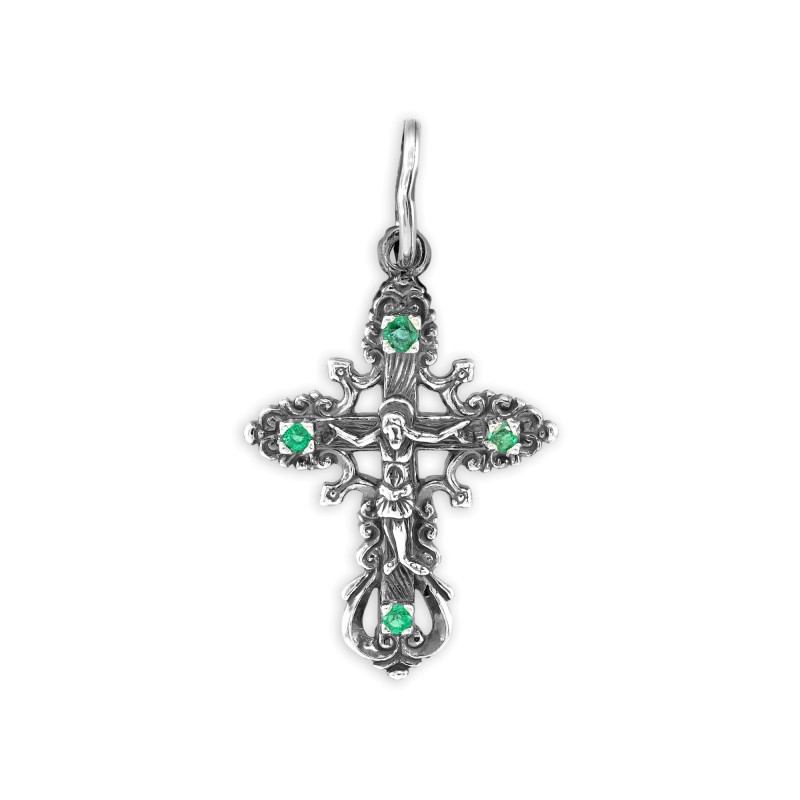 Крестик серебряный с изумрудами