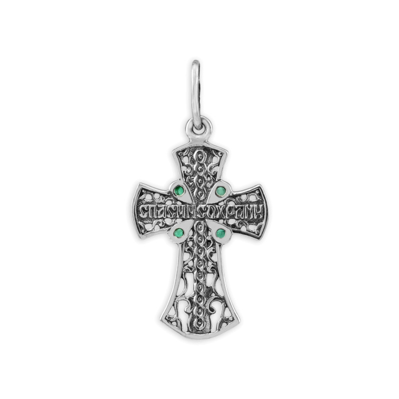 Серебряный крестик с изумрудами