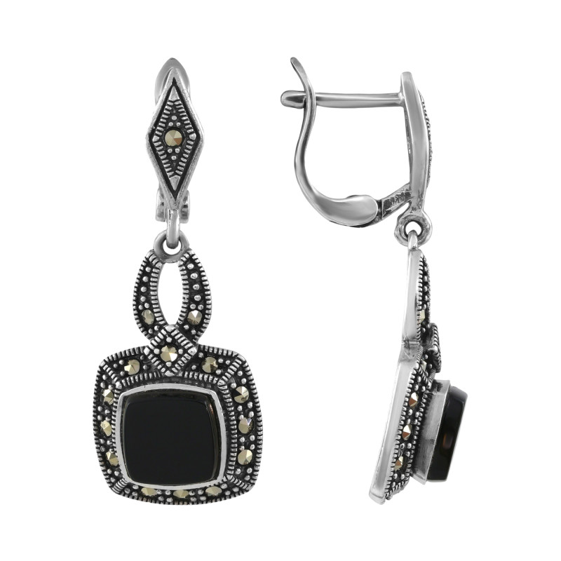 Серьги из серебра с ониксом и марказитом