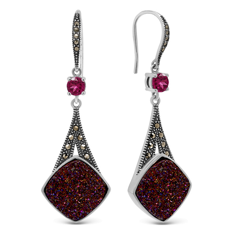 Серьги с родолитом и марказитом