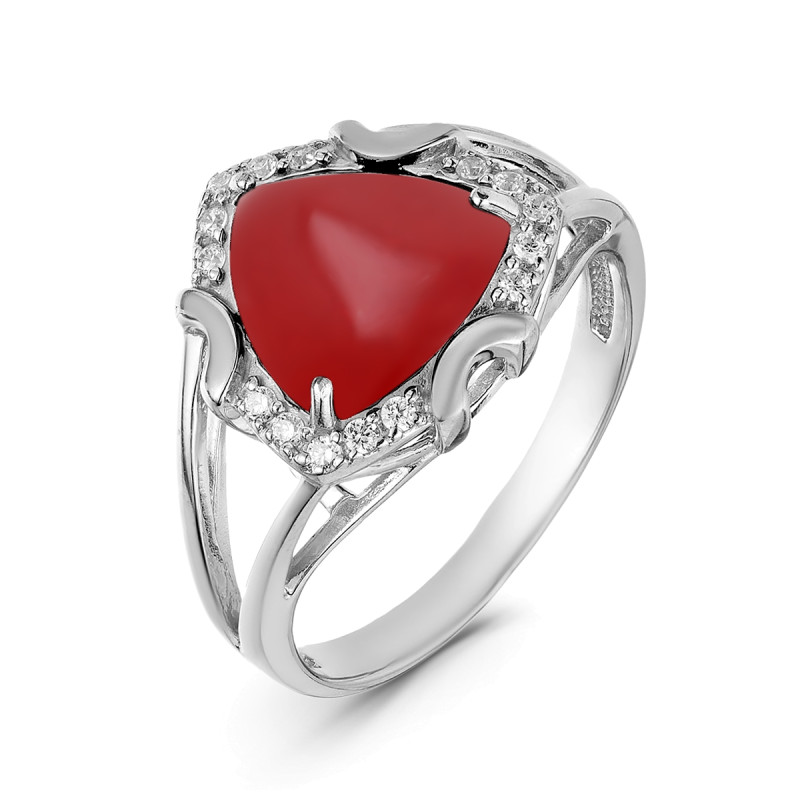 Кольцо с натуральным красным агатом и фианитами