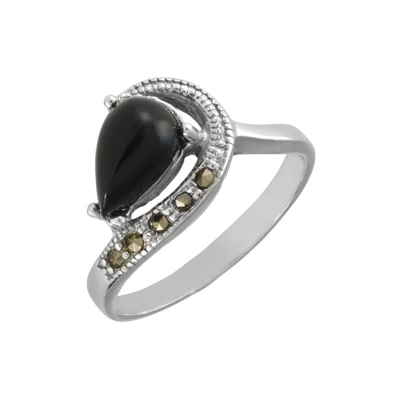 Серебряное кольцо с ониксом и марказитом