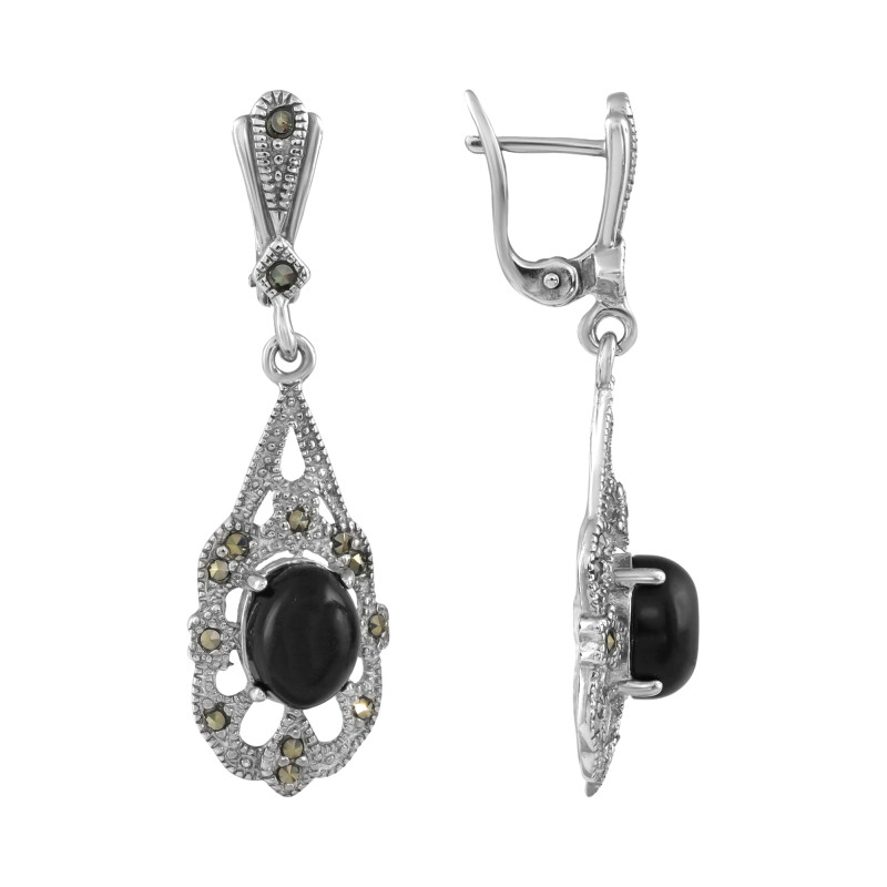 Серебряные серьги с ониксом и марказитом