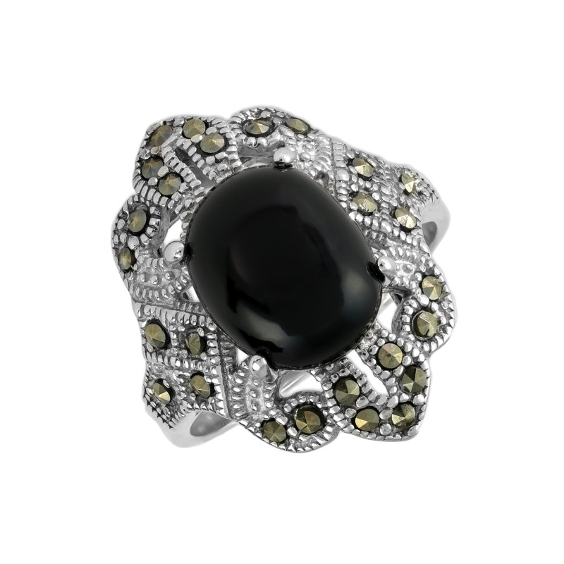 Кольцо из серебра с ониксом и марказитом